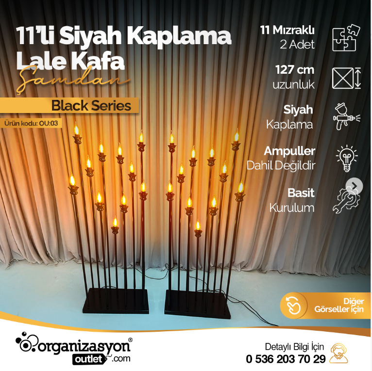 11'li Siyah Lale Kafa Mızrak Şamdan